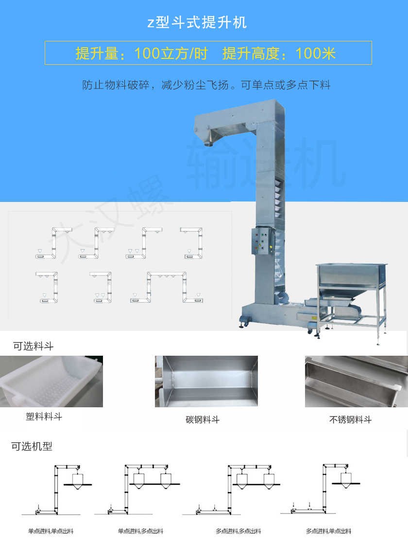 z型斗式提升機對物料本身破損小，降低廢品率。整機殼體密封，降低粉塵飛揚，可z型、c型或混合型使用，單點或多點自動下料